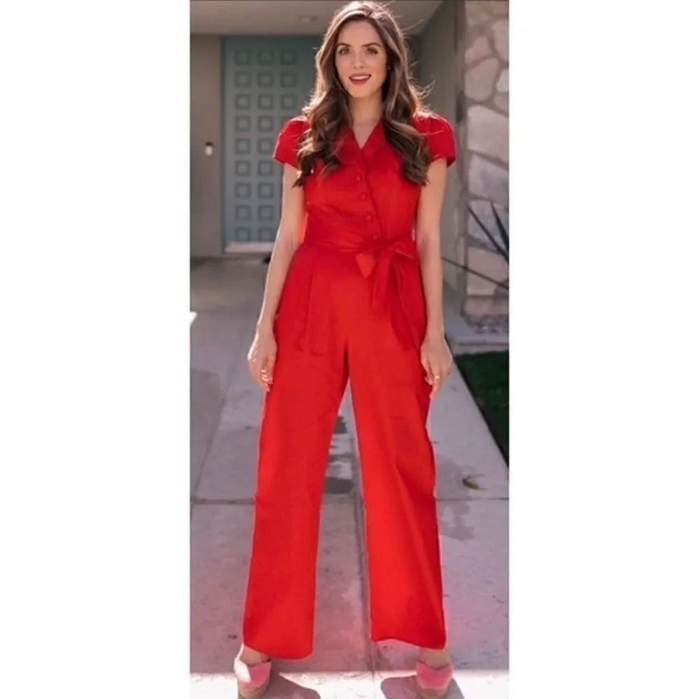 Gal Meets Glam Red Camille Short Sleeve Jumpsuit 4